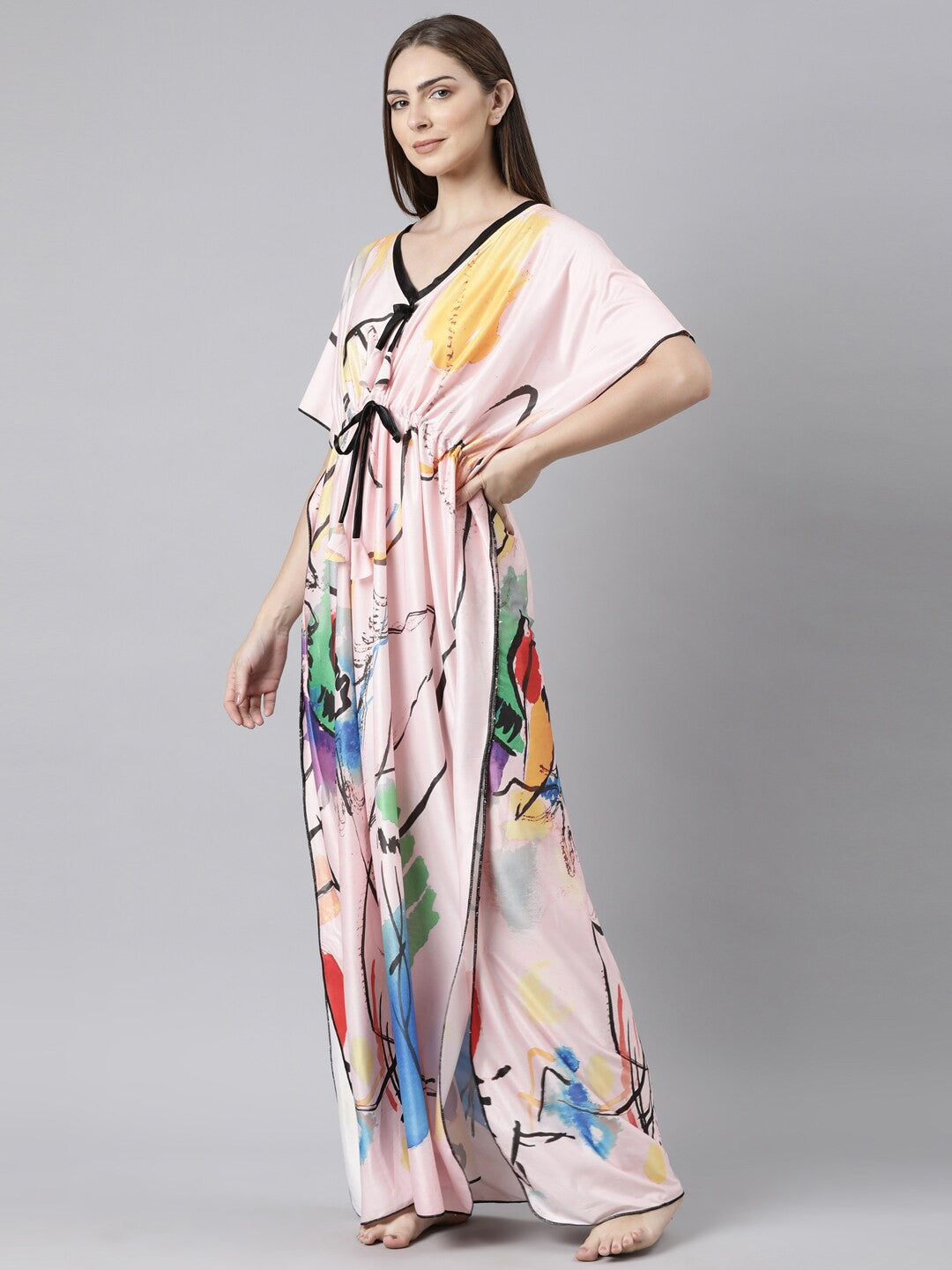 Women Printed V-neck Maxi Kaftan Nightdress