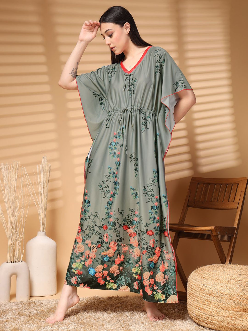 Women Printed V-neck Maxi Kaftan Nightdress