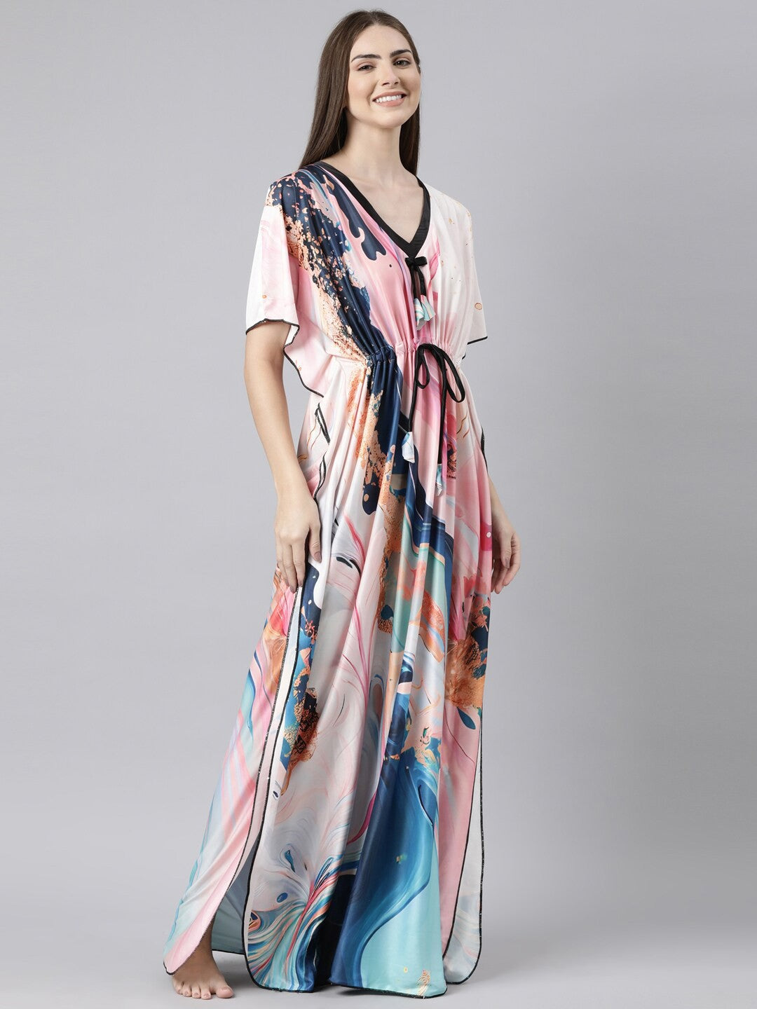 Women Printed Satin Kaftan Nightdress