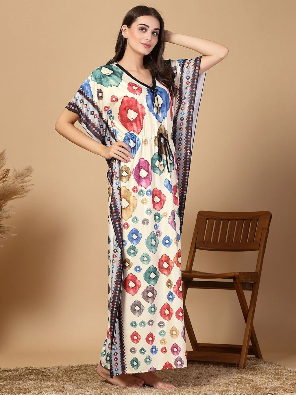 Women Printed Premium Soft Satin Kaftan Nightwear Dress