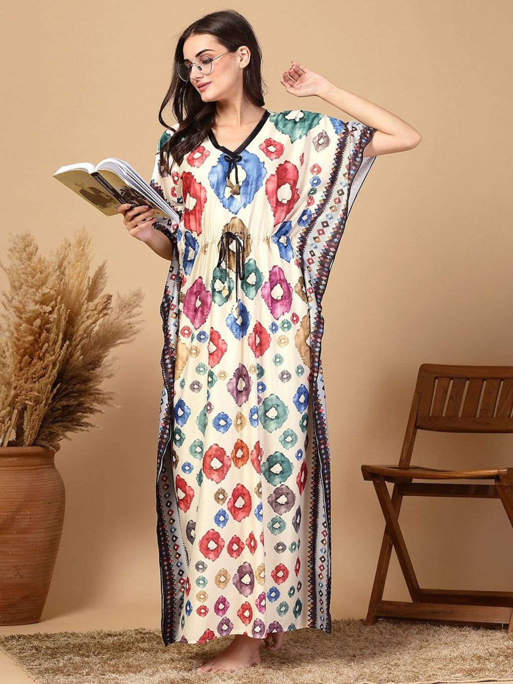 Women Printed Premium Soft Satin Kaftan Nightwear Dress