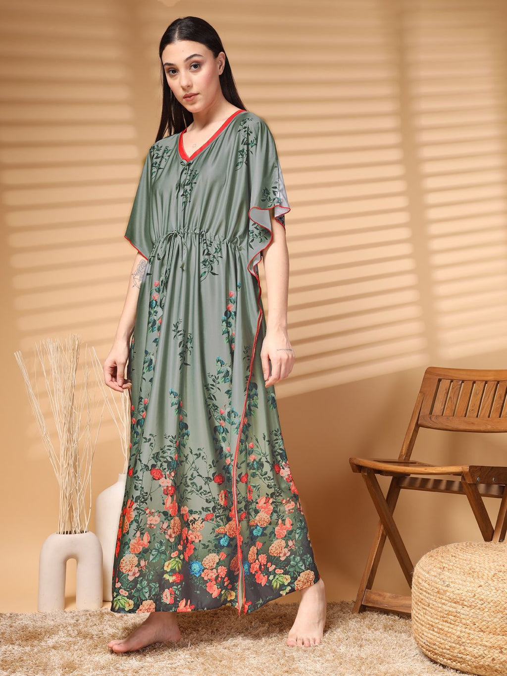 Women Printed V-neck Maxi Kaftan Nightdress