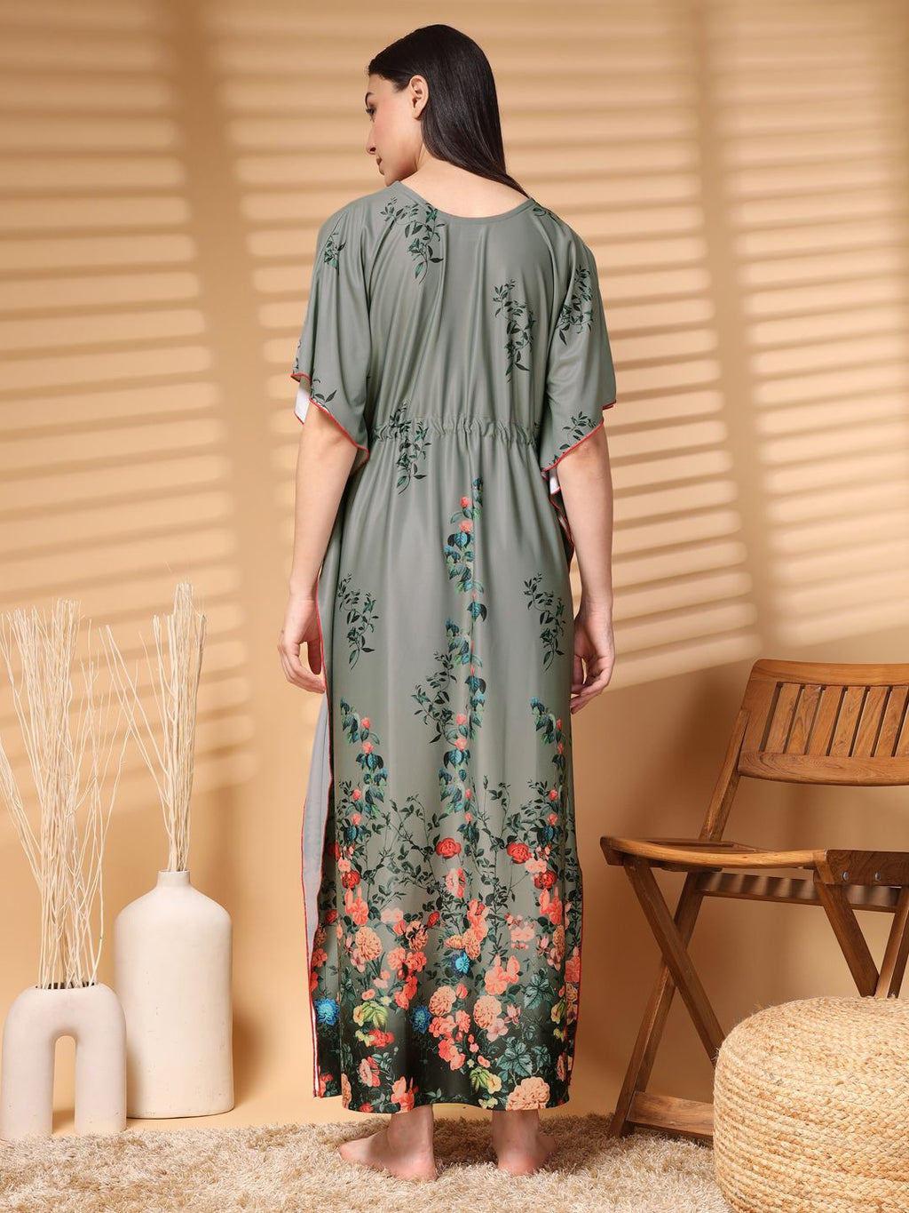 Women Printed V-neck Maxi Kaftan Nightdress