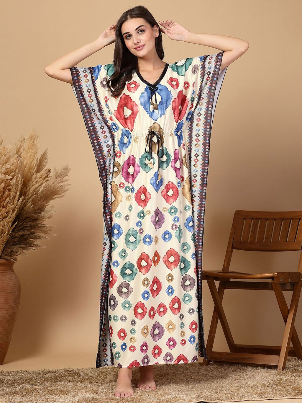 Women Printed Premium Soft Satin Kaftan Nightwear Dress