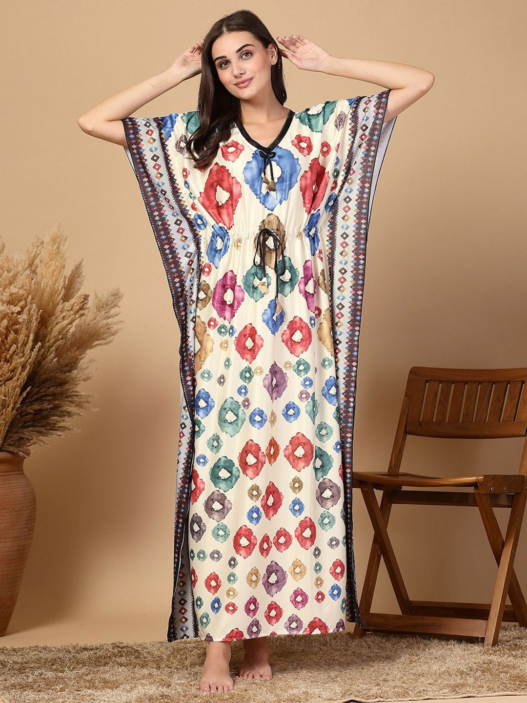Women Printed Premium Soft Satin Kaftan Nightwear Dress
